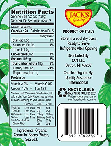 Jack's Organic Cannellini Beans - Packed with Protein & Fiber, Heart Healthy, Low Sodium, Non GMO, BPA Free, Ready-to-eat, 100% Sustainable Packaging, Easy Open Tearstrip, [8 Pack of 13.4oz cartons] - Thumbnail 6