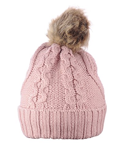 ANGELA & WILLIAM Women's Faux Fur Pompom Fleece Lined Knitted Slouchy Beanie Hat - Rose Pink