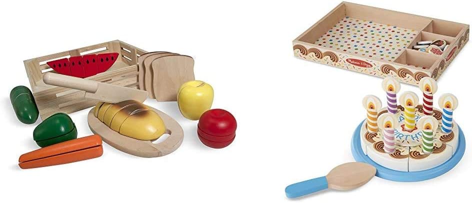Melissa & Doug Cutting Food Wooden Play Food - The Original & Birthday Party Cake (Wooden Play Food, Mix-n-Match Toppings and 7 Candles)