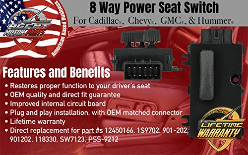 Left Side Driver 8-Way Power Seat Switch Adjustment Recline - Fits Cadillac Escalade, Chevy Silverado, Avalanche, Suburban, Tahoe, Sierra, Yukon, Hummer H2 - Replaces 12450166, 1S9702, SW7123, PSW15 - Thumbnail 3