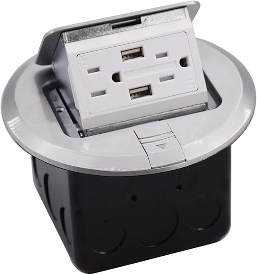 Petsply 2 Usb Port Pop Up Floor Electrical Outlet Box Round Floor Power Outlets Cover Plate Kit 15a Gfci Duplex Tr Floor Receptacle Silver