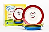 Yum Yum Dishes™ 9Plates are the ideal-sized portion control dinner plates to serve proper portions and to help prevent unconscious overeating. Each box contains four oven, microwave, and dishwasher safe ceramic dinner plates in fun, vivid colors: bold blue, pistachio green, sunshine yellow, and cherry red. 9Plates are correctly sectioned and labeled for ideal Protein, Carbs, and Veggies food portions to encourage balanced meals.