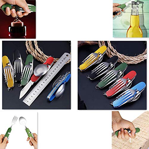 6-in-1 Multi-Function Camping Flatware Utensil Folding Knife Cutlery Detachable Pocket Kits with Carrying Pouch (2 Packs: Black + Green)
