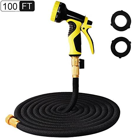Lawn Garden Water Hose with Double Latex Core and Solid Brass Connector and 9 Functions Car Garden Hose Nozzle By YALUYA(100 Feet, Black)