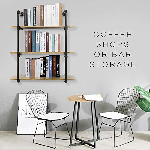 YU YUSING 3 Tier Industrial Pipe Shelf with wood & Metal, Rustic Hanging Wall Shelves for Bedrooms, Bathroom Shelving, Kitchens Coffee Shops or Bar Storage