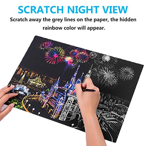 Scratch Paper Rainbow Painting Sketch Pads DIY Art Craft Night View Scratchboard for Adults and Kids - 4 Packs, 16 X 11.2 Inches