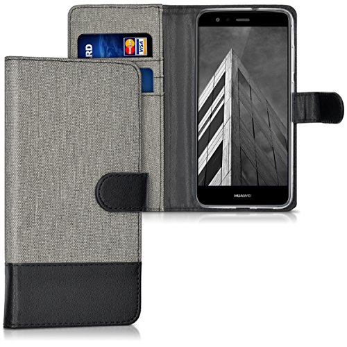 kwmobile Wallet case canvas cover for Huawei P10 Lite - Flip case with card slot and stand in grey black