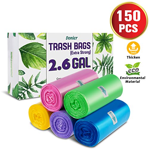 Small Wastebasket Trash Bags, 2.6 Gallon Clear Garbage Bags Extra Strong Small Trash Bags Trash Liners Small Bathroom Trash Bags For Bedroom, Home, Kitchen, 150 Counts 5 Color