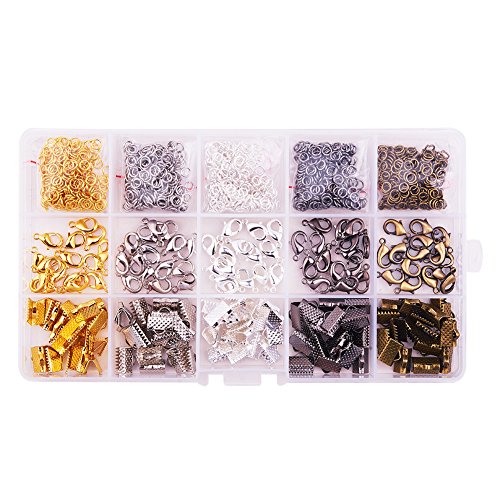 PandaHall Elite About 1400Pcs Jewelry Basics Class In A Box Kit with Brass Lobster Clasp Iron Jump Rings Ribbon Ends for Jewelry Making