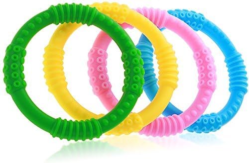 Baby Teether - 4 Silicone Sensory Baby Teething Ring Toys - Fun, Colorful - Soothing Pain Relief and Drool Proof Infant Toys - Solve Teething Now