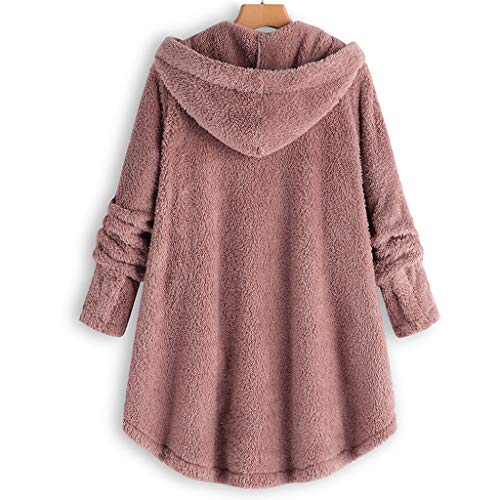 Womens Oversized Hooded Coats Warm Wool Plush Button Cardigan Hoodies Sweaters Pink