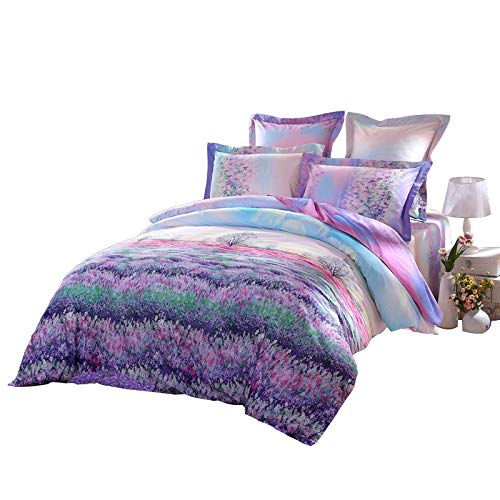 LOVO Fragrance of Provence 100% Cotton 3-Piece Bedding Set 1x Duvet Cover and 2X Pillowcases Purple King