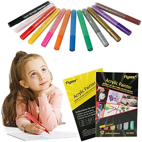 Acrylic Paint Markers, AMILE 12 Colors Permanent Waterproof Acrylic Marker Pens Medium Point for Glass Painting, Ceramic, Rock, Wood, Fabric, Metal, Photo Album, DIY Craft and More