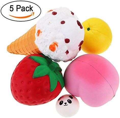 Rosybeat Squishies Jumbo Fruit Set 5PCS, Squishy Slow Rising Kawaii Strawberry, Peach, Orange, Ice Cream Cone for Kids Collection Toys, Scented Sweet Stress Relief Toys, Squishy Decoration Toys
