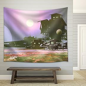 Factory and Industry in Flower Fields,Sci-Fi Scene,Illustration Painting - Fabric Wall Tapestry Home Decor - 51x60 inches