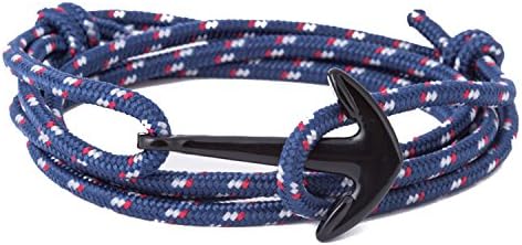 Anchor Bracelet - Silver Alloy Nautical Adjustable Charm, Perfect Elegant Gift for Couples, Men, Women, Children, Weaved Nylon Rope, Unisex, Multicolored, Wrap-Style (Navy/Black)