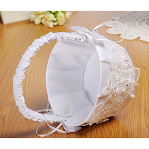 LUOEM White Embroidered Petal Wedding Flower Girl Basket Ceremony Party Lace Bowknot Portable Flower Girl Basket for Wedding Decoration(White)