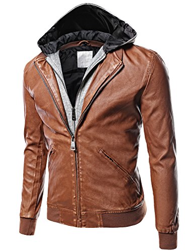 Moto Racer Faux Leather Removable Hood Jackets Brown Size XL