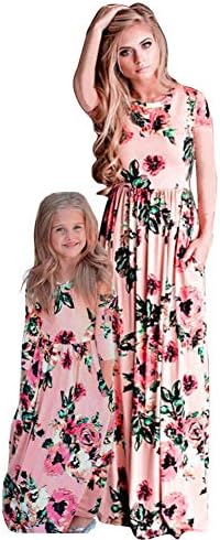 MAKARTHY Mommy and Me Dresses Womens Summer Short Sleeve Boho Floral Maxi Dresses with Pockets
