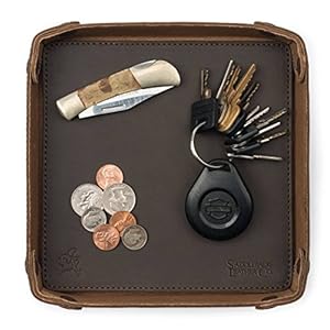 Top view of valet tray holding keys, coins, and a pocket knife