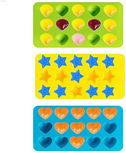 Bessmate Premium Silicone Candy Molds &amp; Silicone Ice Cube Trays - 3 Pcs Stars &amp; Hearts &amp; Shells Molds - Making Homemade Chocolate, Jelly, Gummy, Soap ,Kids Toys - Green/Yellow/Blue