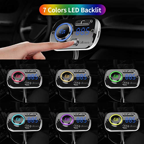 ALLCACA Car FM Transmitter Wireless Audio Adapter Receiver Hands Free Car Kit with QC3.0 Charging and 7-Color Backlit, 4 Play Modes