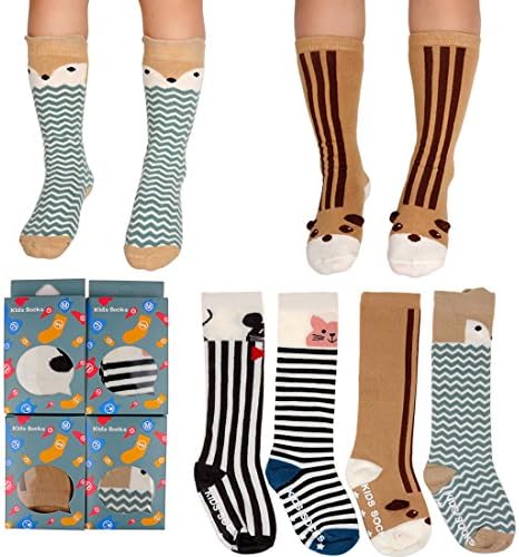 FlyingP Animal Cartoon Knee High Socks Unisex Assorted Stockings Baby Girls Boys Anti Skid Socks Tube Long Socks For 1-4 Years Baby Toddler 4 Pairs Set