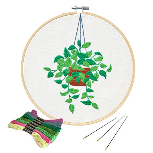 Unime Full Range of Embroidery Starter Kit with Partten, Cross Stitch Kit Including Embroidery Cloth with Color Pattern, Bamboo Embroidery Hoop, Color Threads, and Tools Kit (Scindapsus)