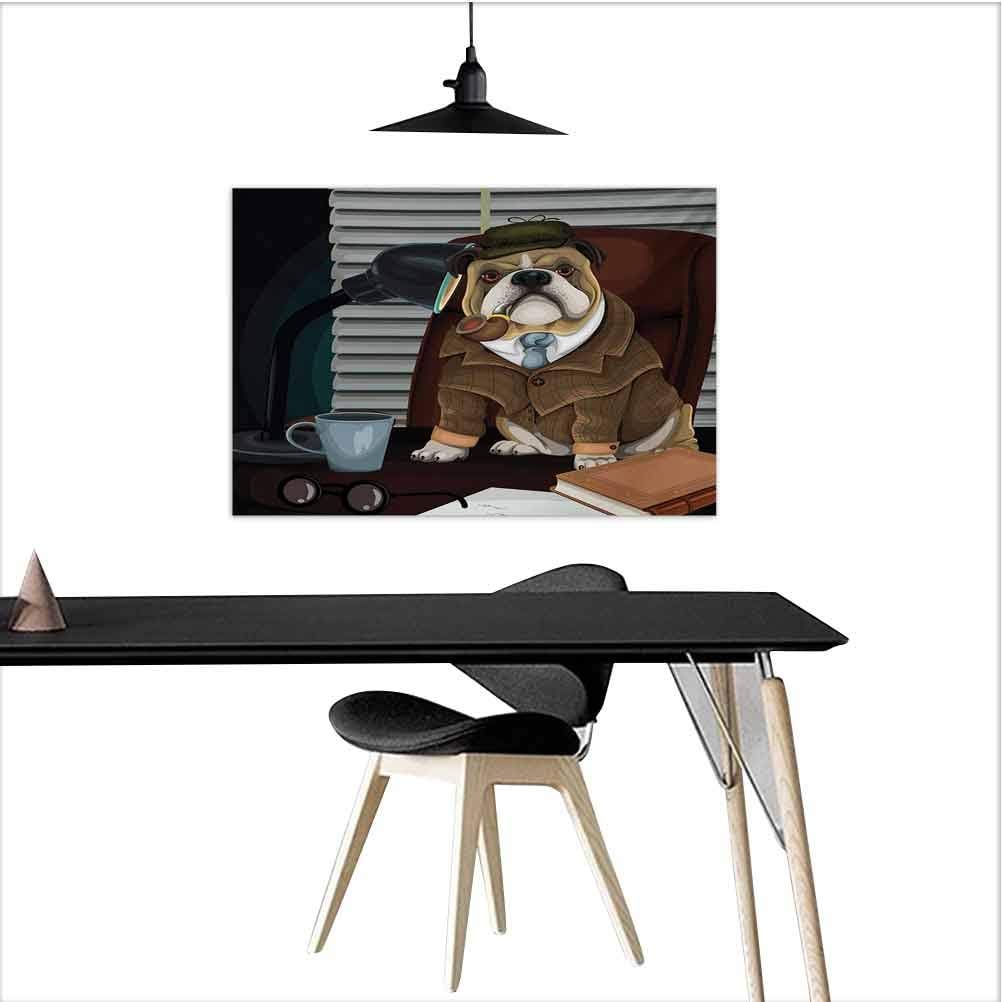 homecoco English Bulldog Office Wall Decor Traditional English Detective Dog with a Pipe and Hat Sherlock Holmes Image W24 xL16 Inch