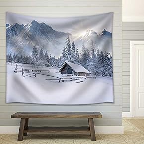 Old Farm in The Mountains. Foggy Winter Morning. - Fabric Wall Tapestry Home Decor - 51x60 inches