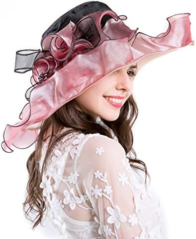 Jinsen Women's Kentucky Derby Church Sun Hat Tea Party Wedding Floral Organza Summer Gauze Hats Wide Brim (7pink)
