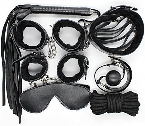 Catcheye 7 Piece Bed Restraints Kit with Adjustable Fur Leather Cuffs Blindfold for Cosplay (Black)