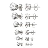 UHIBROS Womens Stainless Steel Stud Earrings Set Hypoallergenic Pierced Cubic Zirconia 18K White Gold pated 6 Pairs 3-8mm