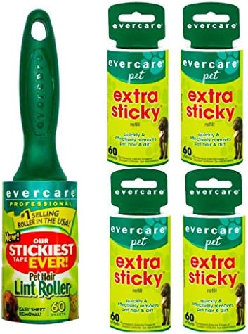 Evercare Pet Hair Extra Sticky Lint Roller with 4 Refills 300 Total Sheets with Fuzzy Family™ Swivel Head Lint Brush