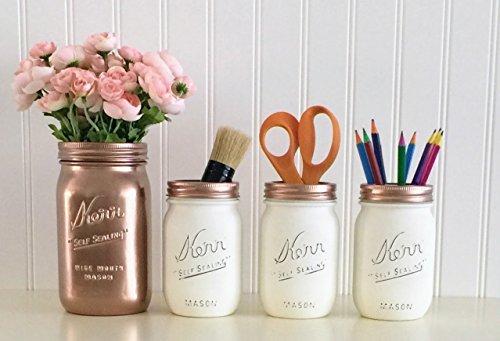 Mason Jar Desk DÃ©cor, 4-Piece Set, Rose Gold And White Office Accessories, Makeup Organizer, Vanity Set