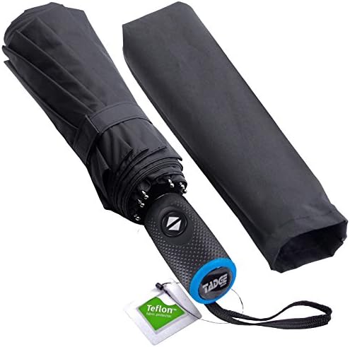 Tadge Goods Windproof Travel Umbrella with Automatic Open/Close (Black) Rain Resistant Canopy with Teflon Coating | Wind Proof Durability | Includes Carry Bag