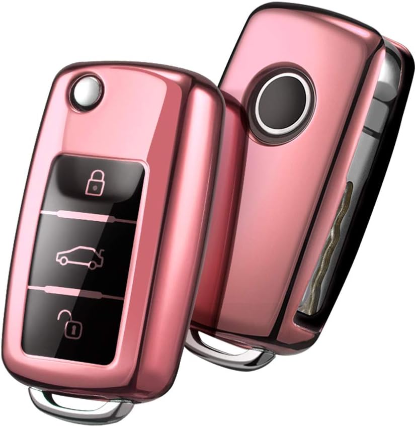 OATSBASF Car Key Cover Compatible with VW,Key Protective Case for VW Golf 4 5 6 Polo Skoda Seat TPU Silicone 3 Buttons Box (Rose Gold)