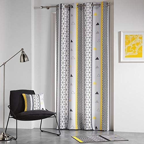 Geometric Yellow Mix Eyelet Ring Top Single Curtain Panel Print - Yellow and Grey (55" Wide x 102" Drop (140 x 260 cm))