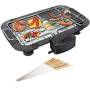 GREEVA 2000wt Portable Electric Barbecue Grill – Black Temperature Control Smokeless BBQ with 12 Sticks