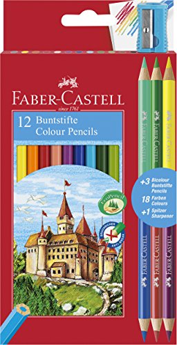 Faber-Castell 110312 Colour Pencil with 3 Bi-Colour Pencil/Sharpener (Pack of 12)