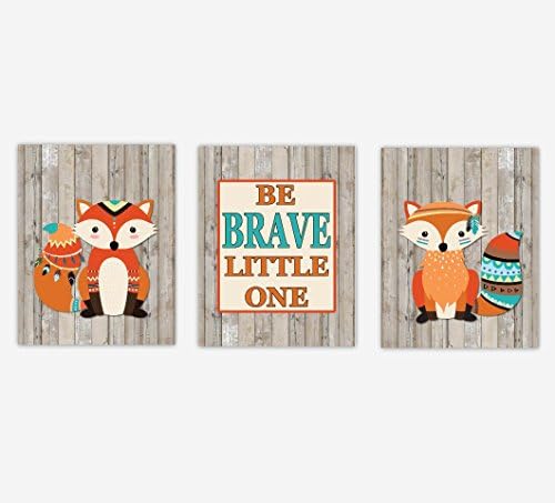 Tribal Baby Boy Nursery Art Fox Be Brave Little One Baby Nursery Decor SET OF 3 UNFRAMED PRINTS