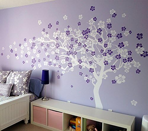 Pop Decors Removable Vinyl Art Wall Decals Mural, Cherry Blossom Tree/White/Violet