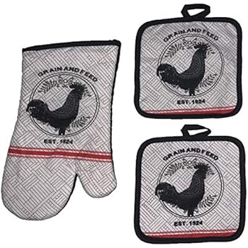 Set of 3, Printed Design Farming Collection Ultra Absorbent Kitchen Set, Includes: 2 Pot Holders and 1 Oven Mitt. (Black Rooster)