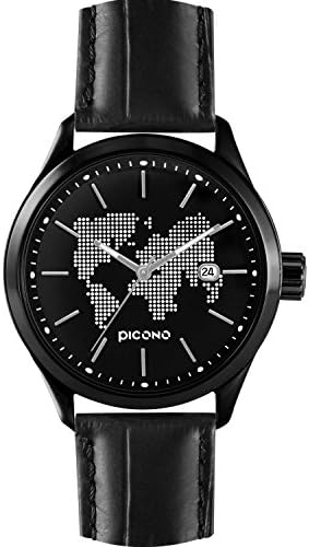 PICONOWorld Map Time and Date Automatic Water Resistant Analog Quartz Watch - No. 12602 (Black/Black)