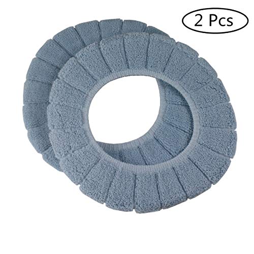 Cushioned Toilet Seat Cover Pads Bathroom Soft Fibers Thicker Warmer Stretchable Washable Lid Covers 2Pcs (Blue)