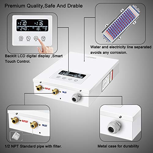 Tankless Water Heater Electric ECOTOUCH 9KW 240V On Demand Water Heater Self-Modulating Instant Hot Water Heater ECO90 White