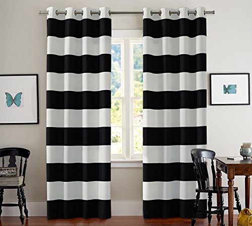 Turquoize Black and White Stripes Curtain Panels Grommet Thermal Insulated Blackout Window Treatment Panels Pair for Bedroom/Living Room, 52 x 84 - Inch