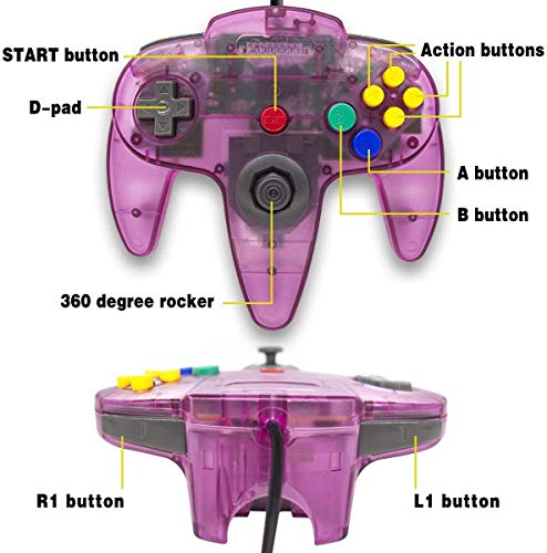 Wired Controller for Nintendo 64 N64 Console, Upgraded Joystick Classic Video Game Gamepadï¼ˆ1Clear Blue and Clear Purple,Pack of 2ï¼‰