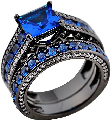 Rongxing Jewelry Womens Elegant Four Claws Blue Square Sapphire And White Diamond Double Wedding Ring Sets Size 6