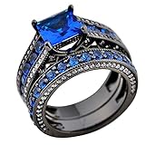 Rongxing Jewelry Couple Blue Sapphire Ring Sets Size 9 Women's Black Gold Wedding